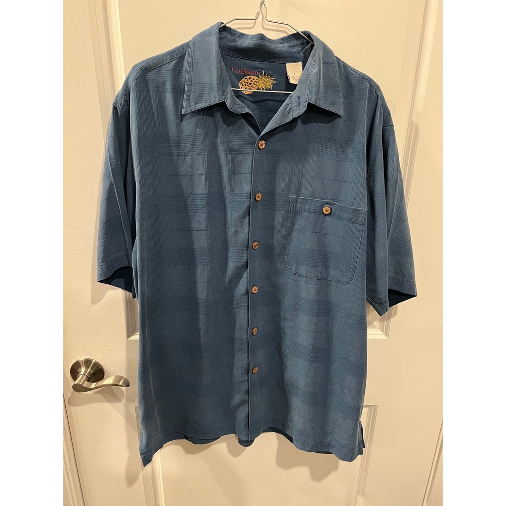 Caribbean Mens Shirt 100% Silk Textured Jacquard Blue Large